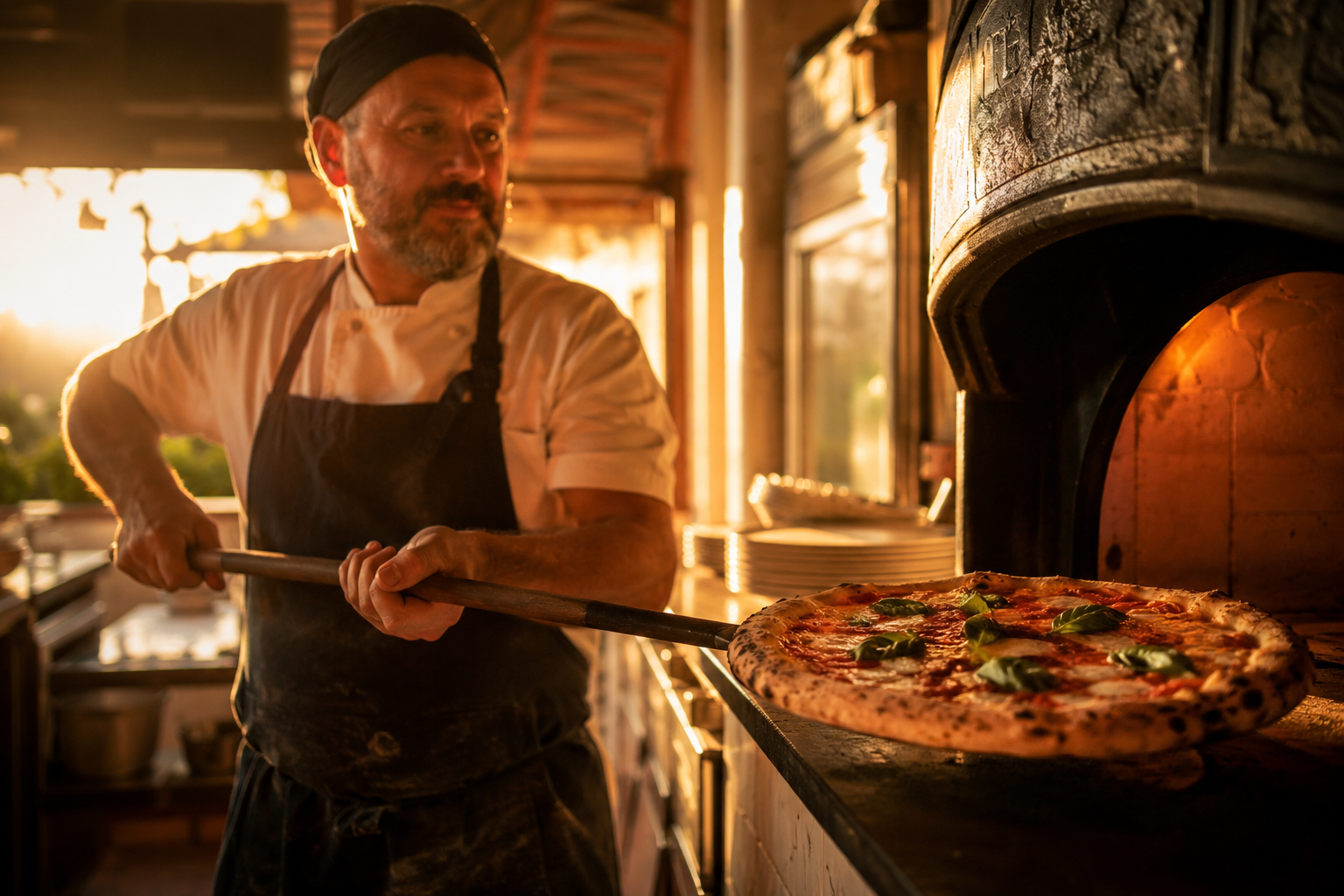 Cook pulling a pizza from a wood-fired oven at golden hour